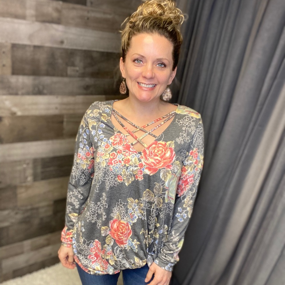 Long sleeve floral twist knit top